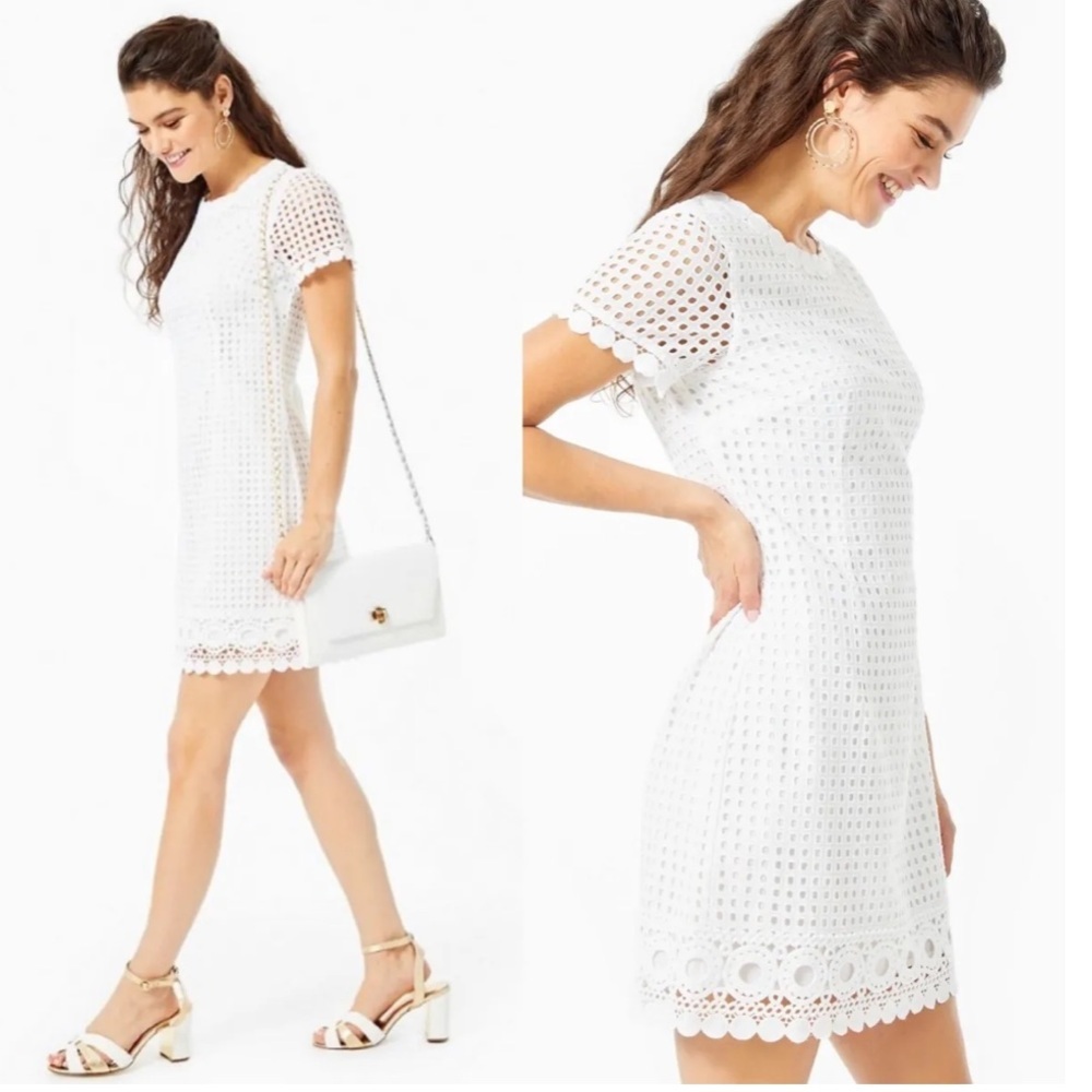 NWT Lilly Pulitzer Jennifer Shift Resort Grid White Eyelet Dress Sz 4 - Picture 2 of 10